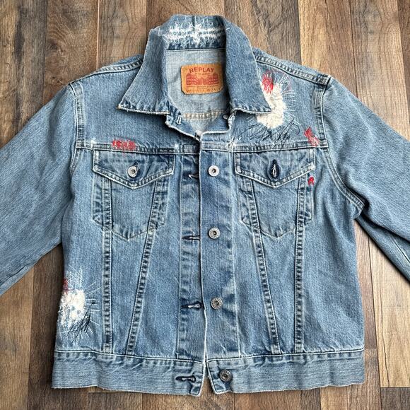 Vintage Replay Denim Jacket Women's Large Blue Made In Italy Grunge Patched 6476 - Picture 4 of 13